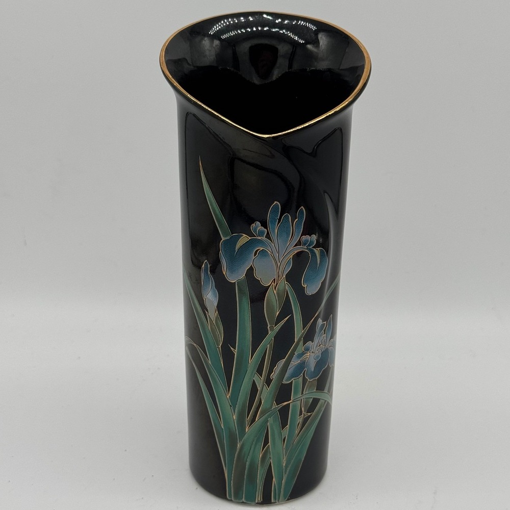 Vintage Takahashi San Francisco Black Onyx Iris Vase Gold Gilt Japan Sticker 8"